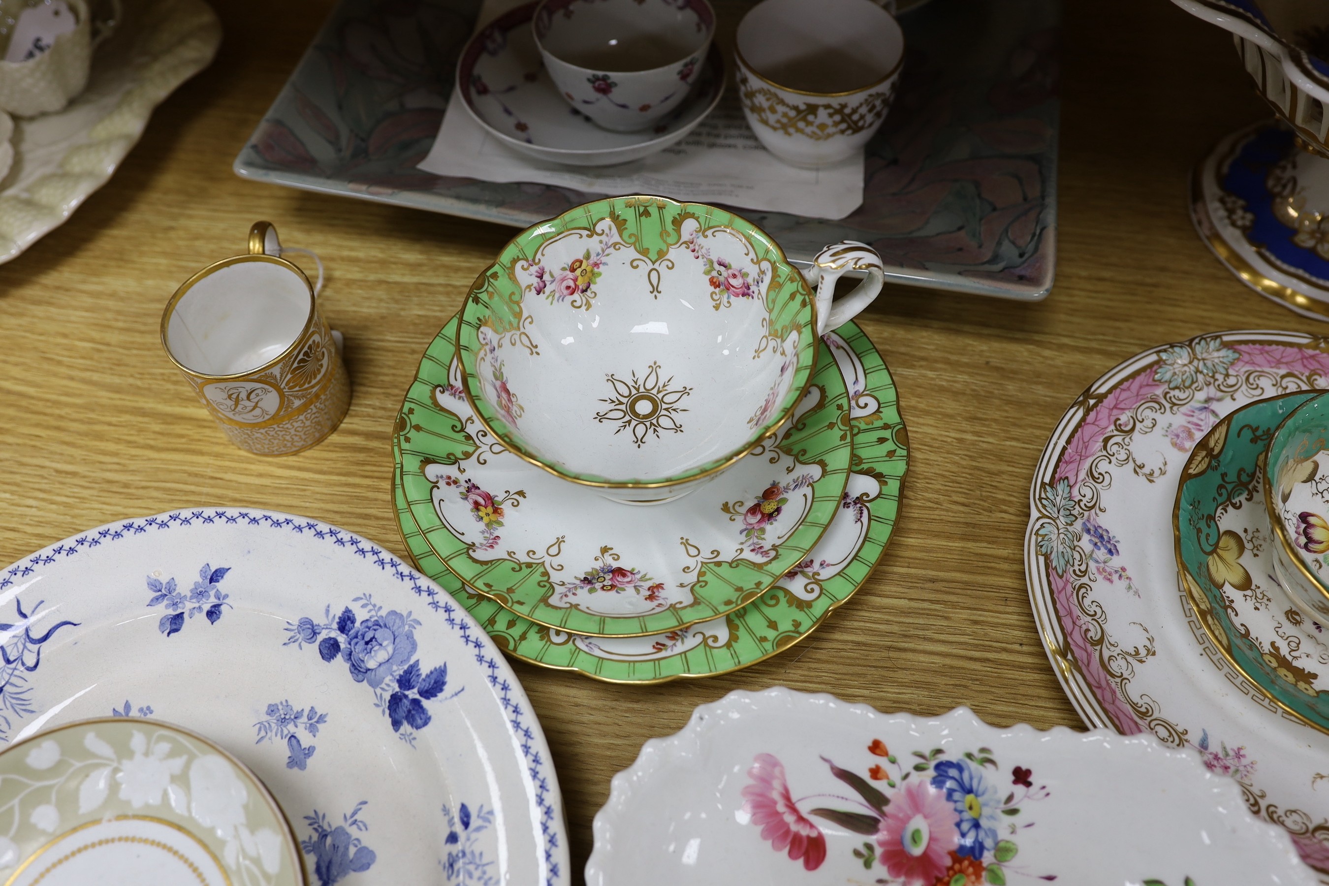 A Worcester Canonball-pattern blue and white saucer, and other 18th and 19th century tableware